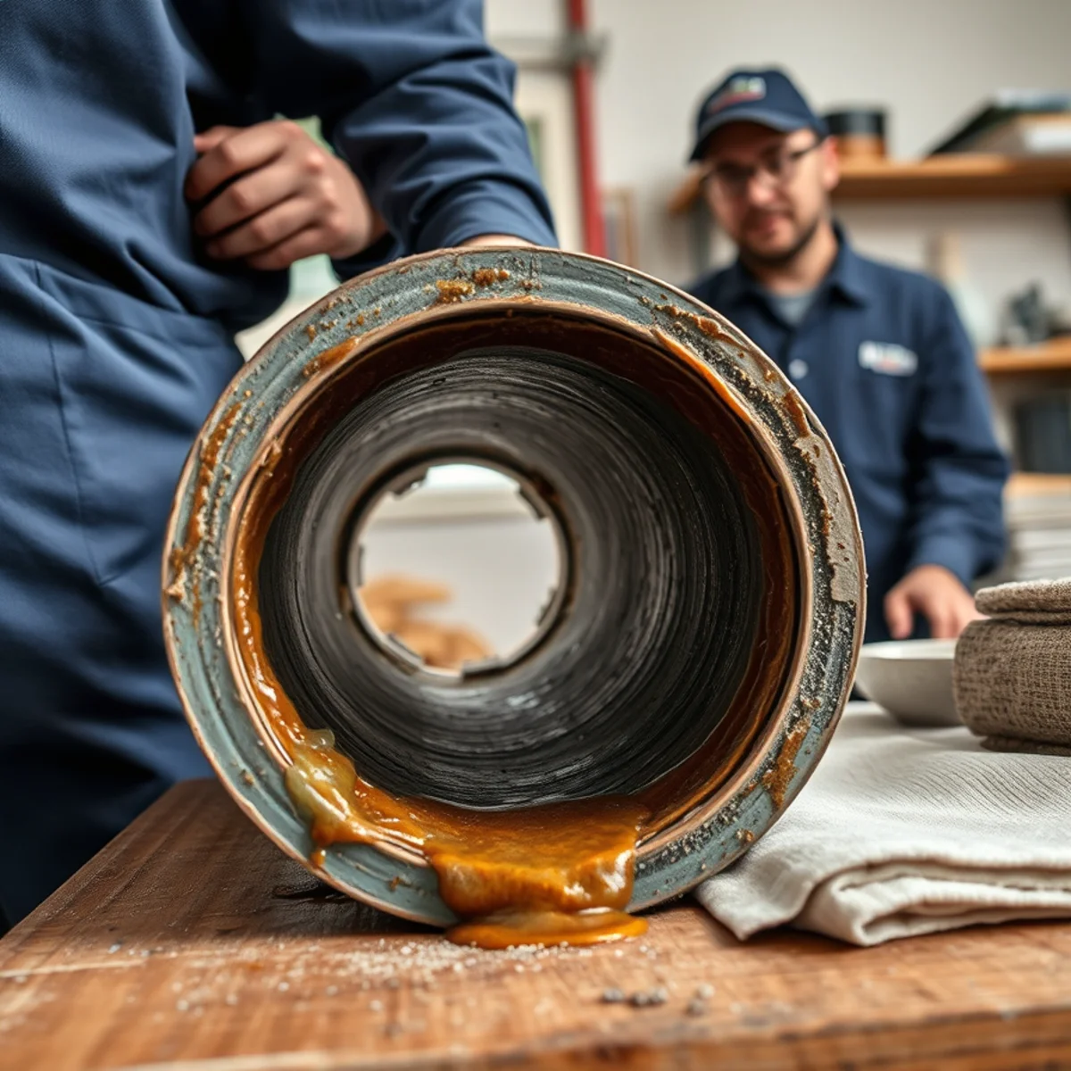 Cut section of drain pipe showing heavy grease coating the interior wall