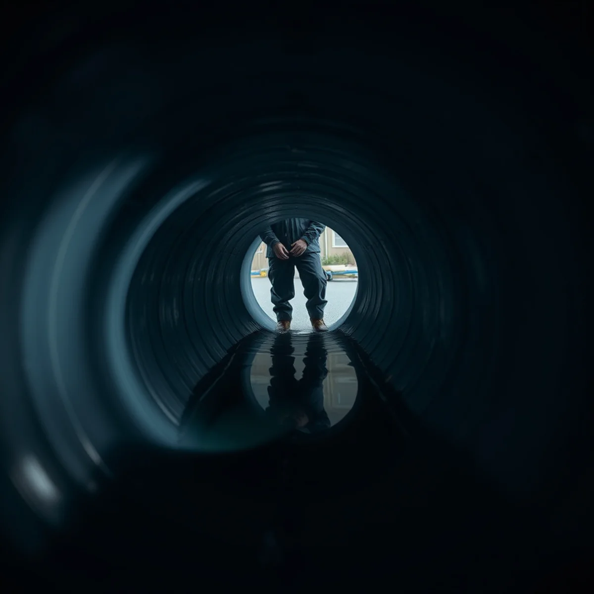 Sewer camera view of standing water in a bellied section of drain pipe