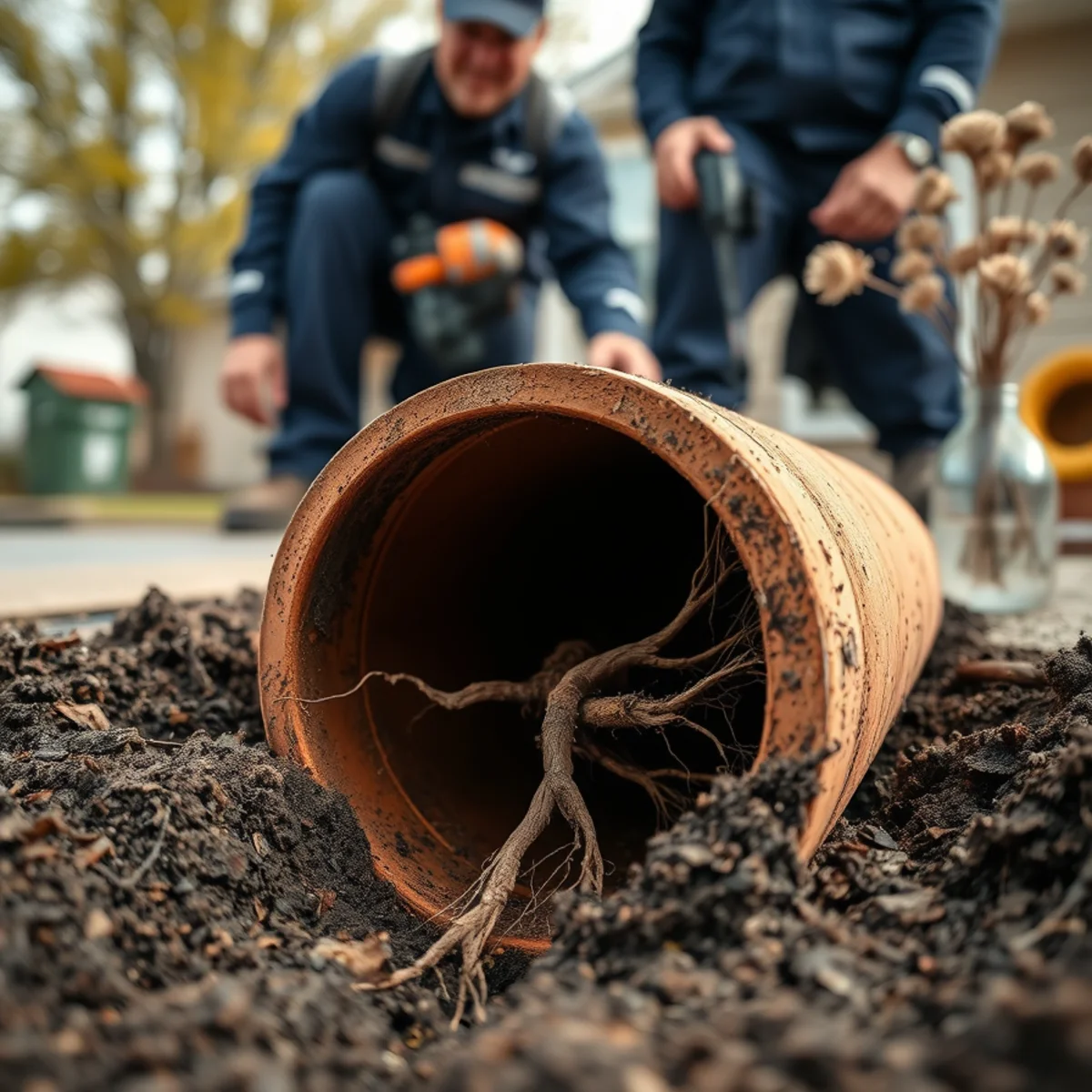 Tree roots entering a clay sewer pipe at a separated joint
