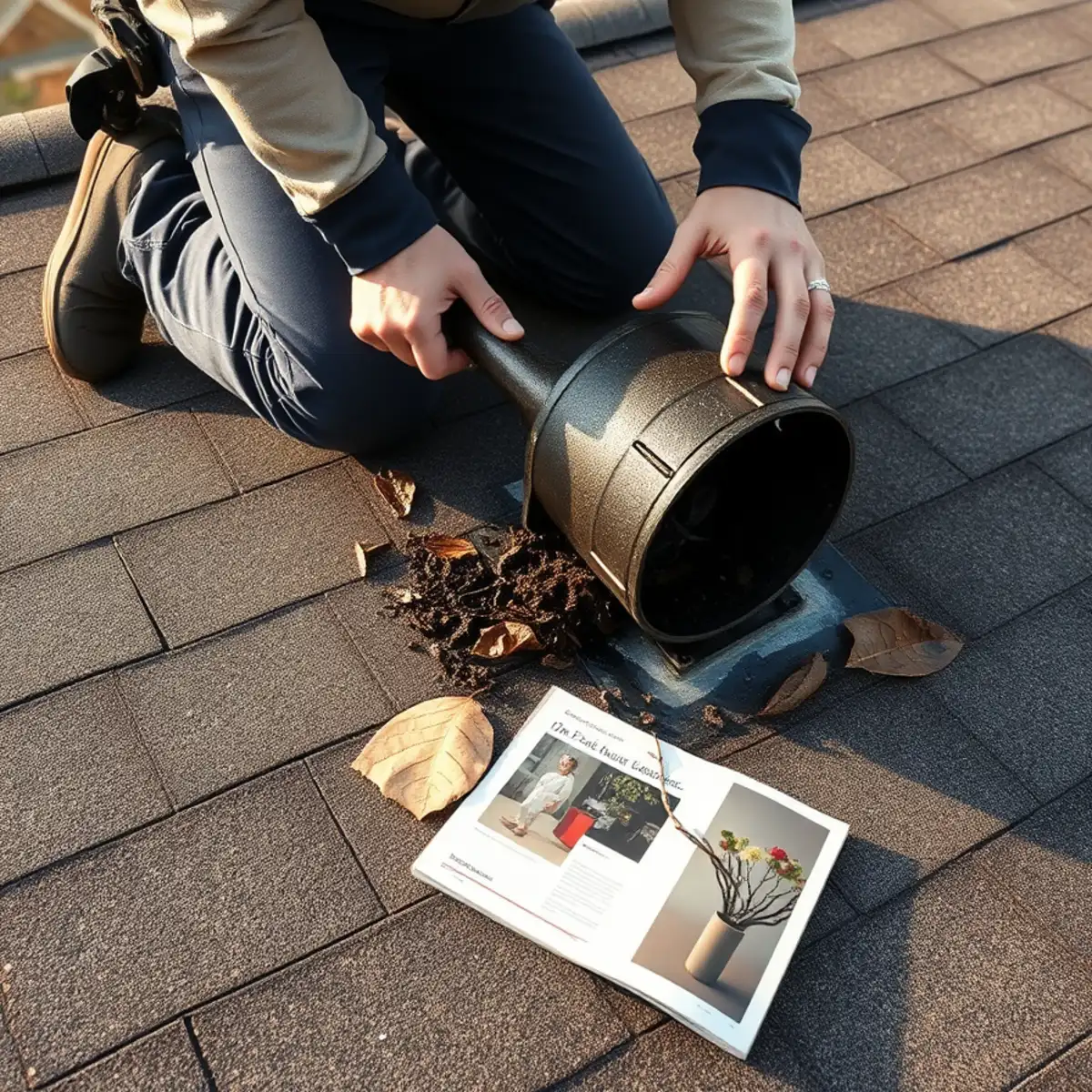 Plumber clearing a blocked plumbing vent stack on a roof