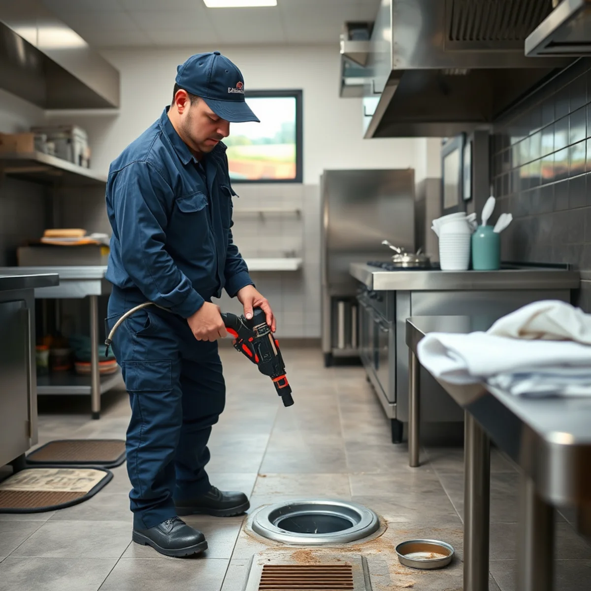 Plumber servicing commercial restroom plumbing at a Lake in the Hills business