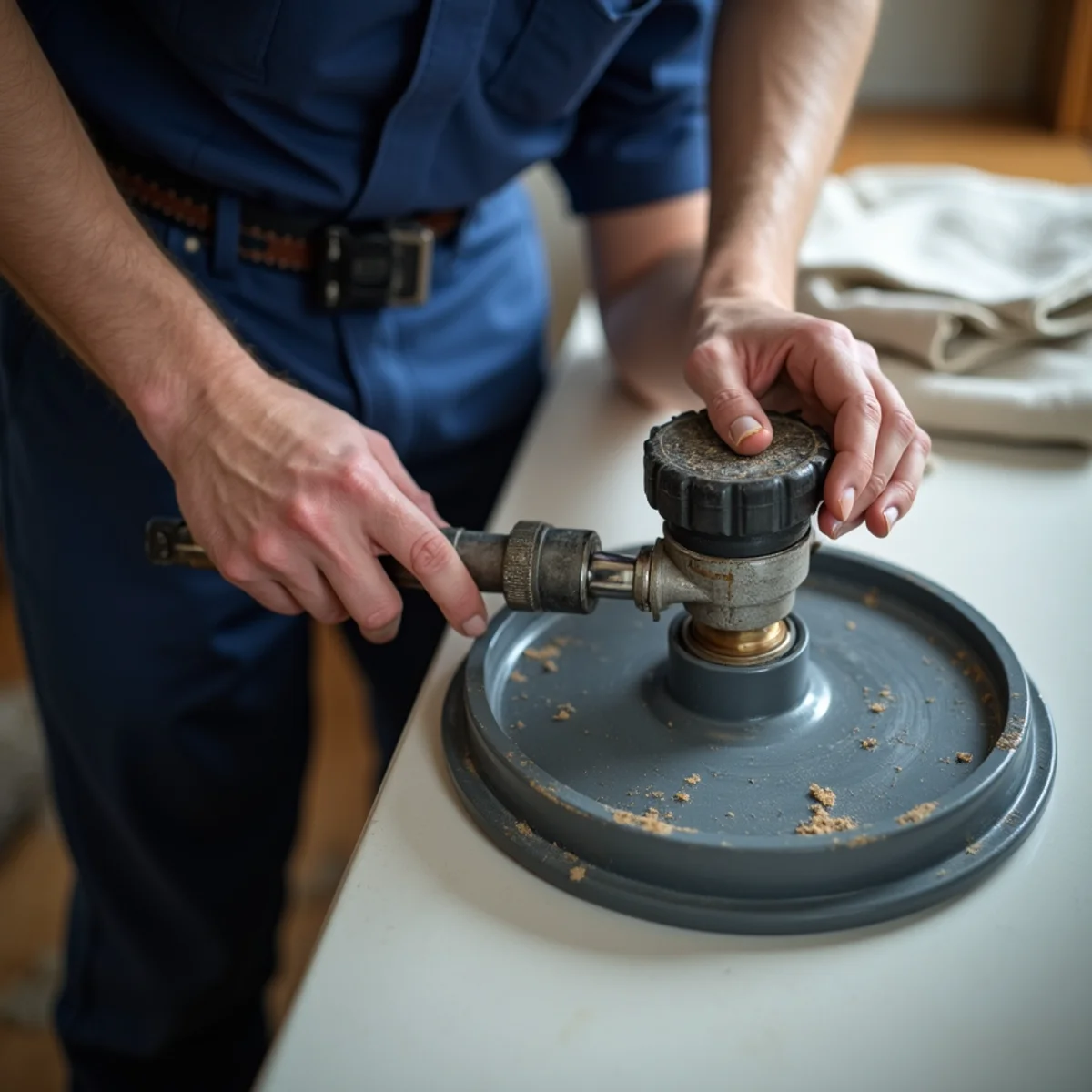 Plumber servicing a sealed sewage ejector basin in a Lake in the Hills basement