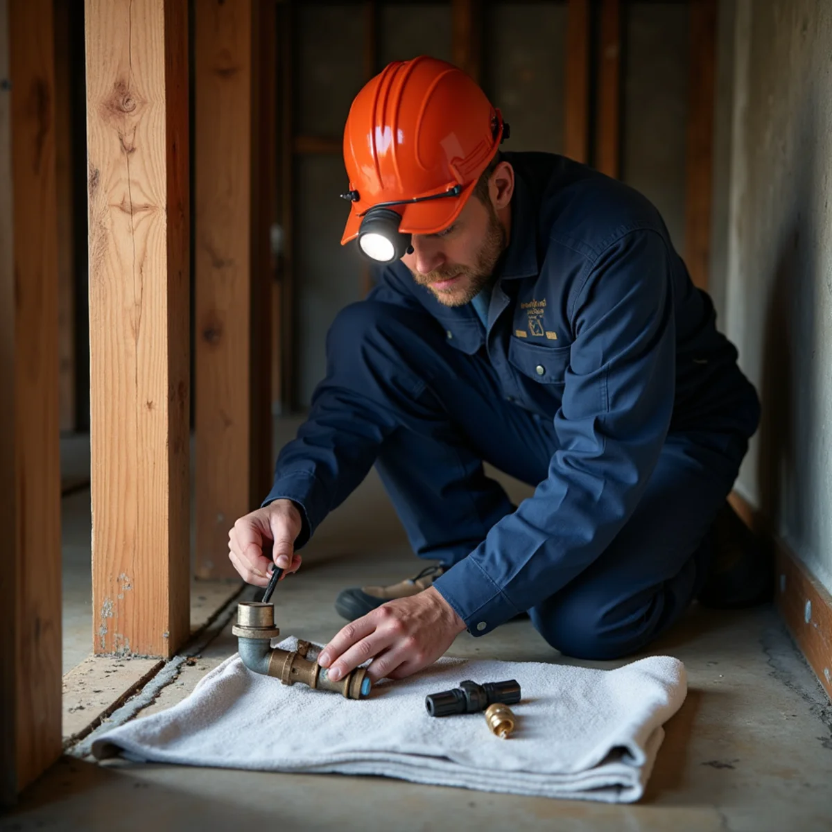 Emergency plumber closing a main water shutoff during a night call in Lake in the Hills