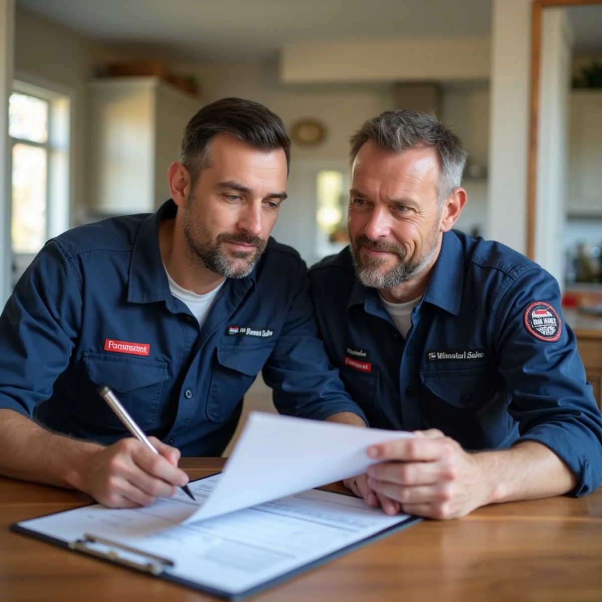 Plumber reviewing a written estimate with a homeowner at a kitchen table in Lake in the Hills