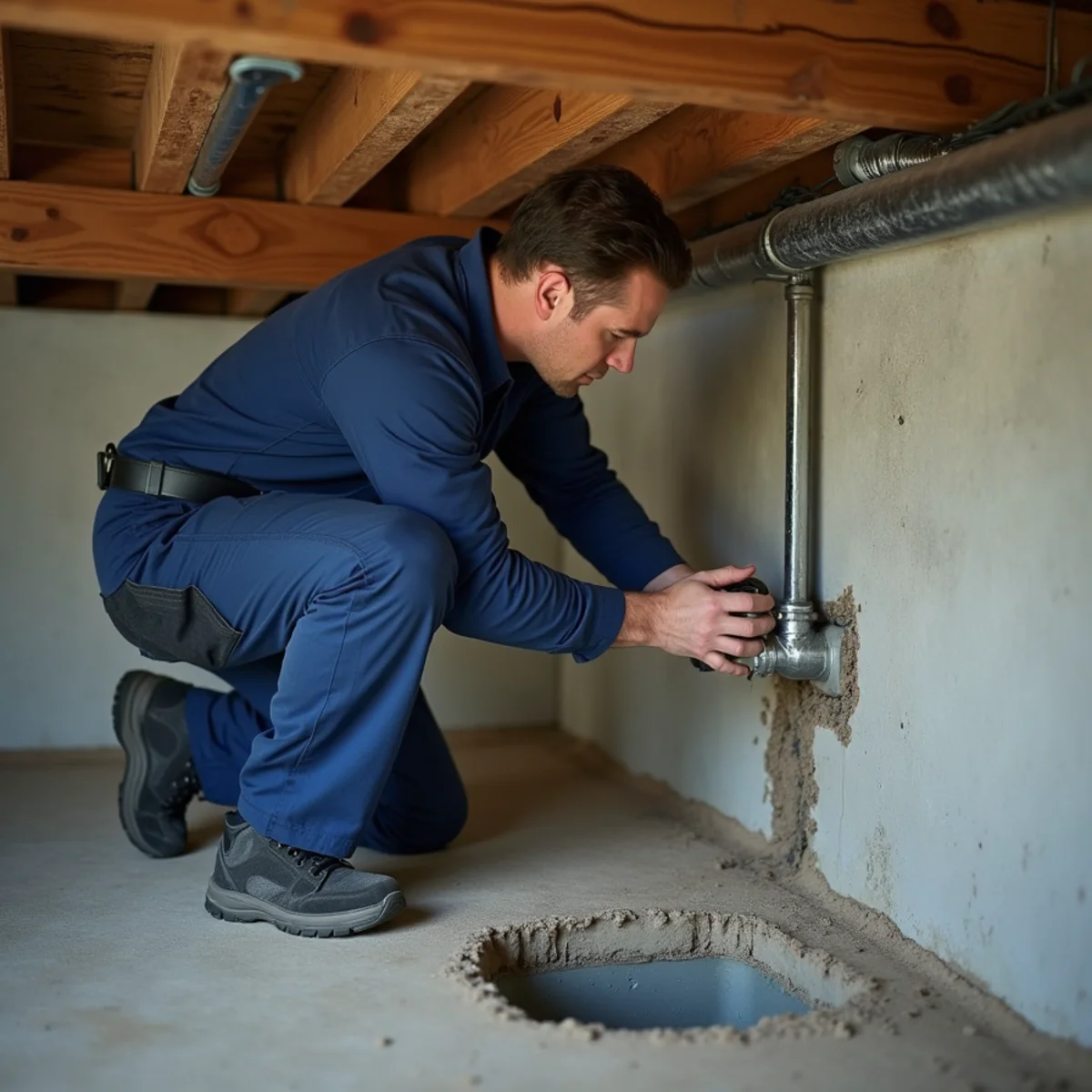 Plumber installing a backwater valve in a Lake in the Hills basement floor