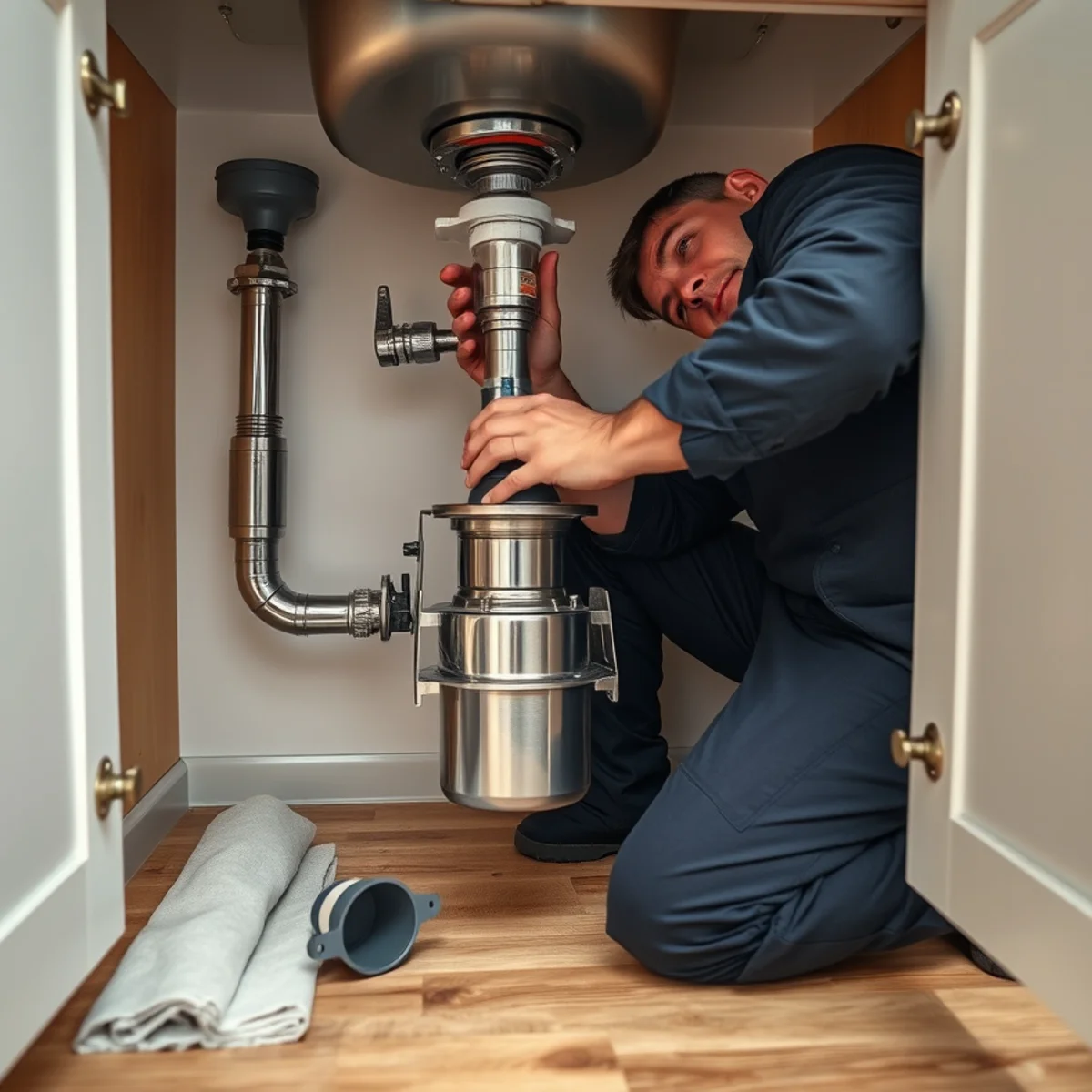 Plumber mounting a new garbage disposal under a Lake in the Hills kitchen sink