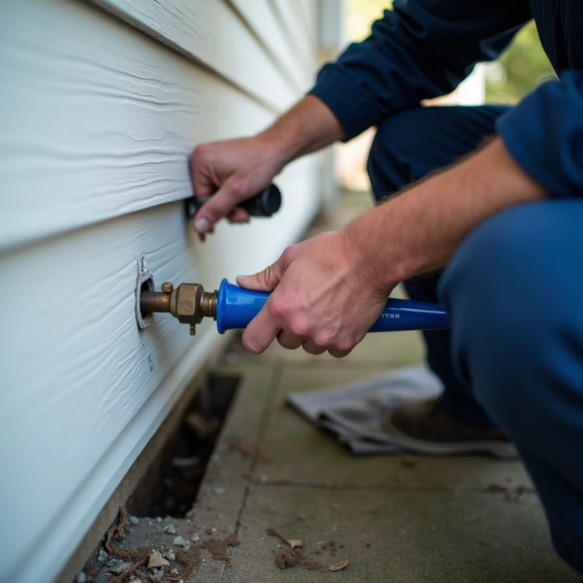 Plumber fitting a frost-free outdoor spigot on a Lake in the Hills home