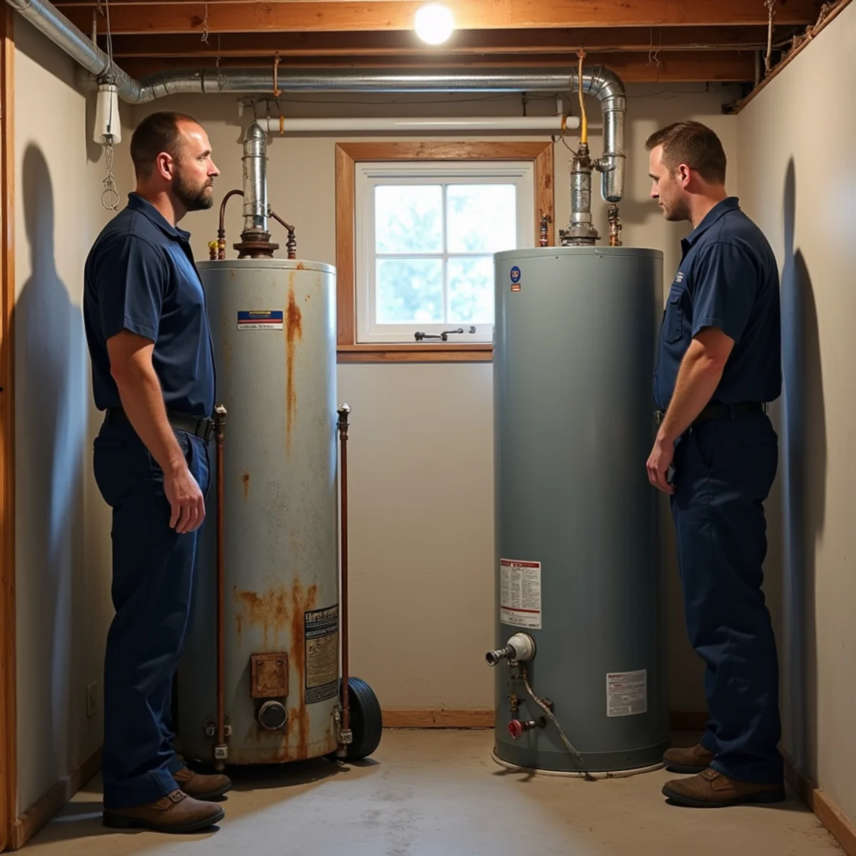 Old and new water heaters side by side during a replacement in Lake in the Hills