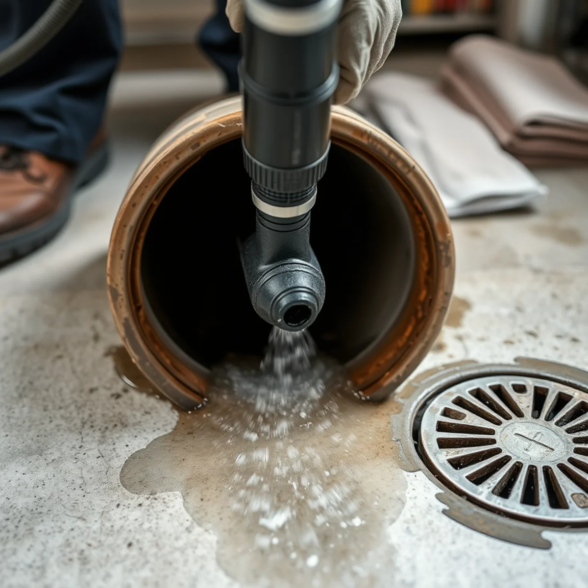 Plumber feeding a hydro jetting hose into a main sewer cleanout in Lake in the Hills