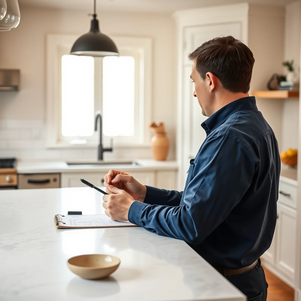 Homeowner noting plumbing items during a builder warranty walkthrough