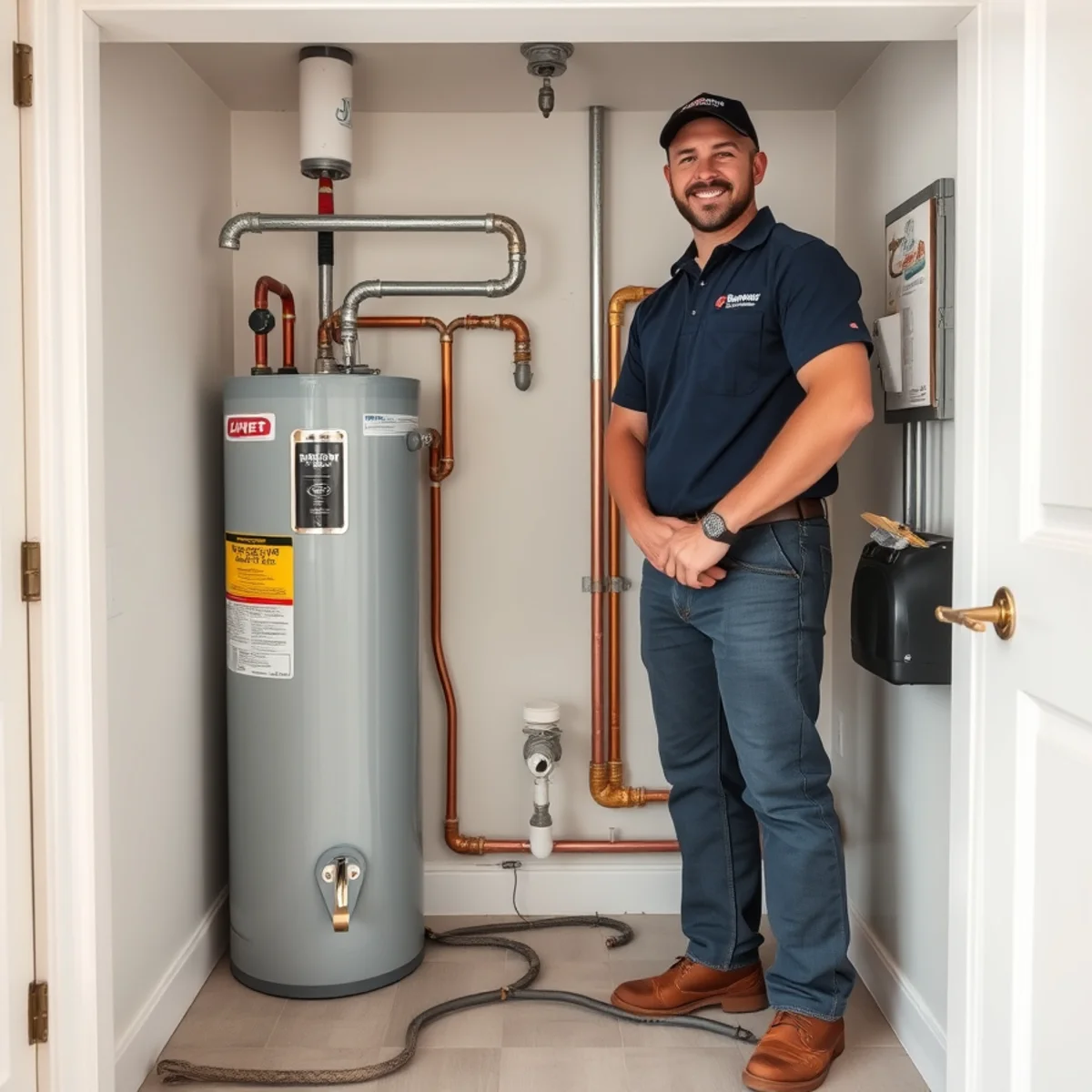 Newly installed water heater and plumbing manifold in a new construction home in Huntley, Illinois