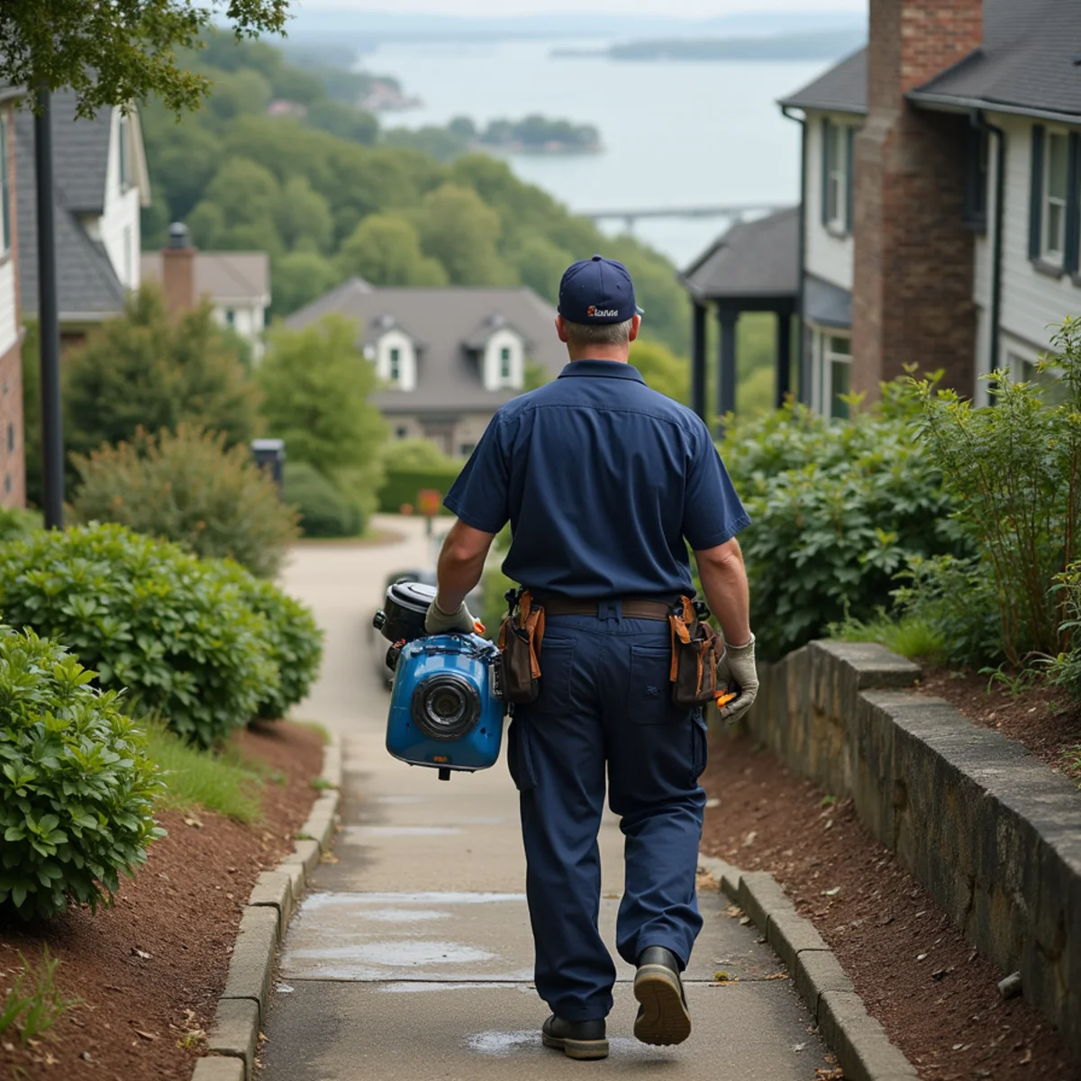 Plumber at a hillside home overlooking the Fox River in Fox River Grove, Illinois