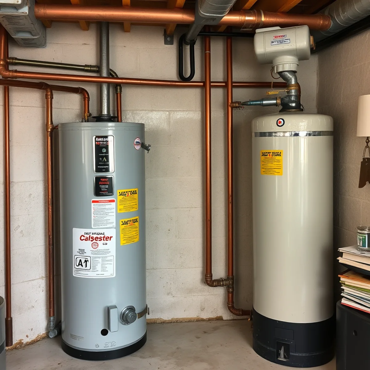 Original 1990s water heater and softener in the utility room of a Lake in the Hills home