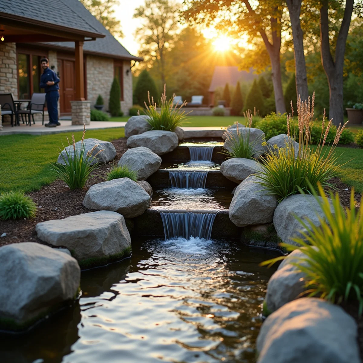 Backyard waterfall and stream built by Artisan Water Group in Lake in the Hills, Illinois