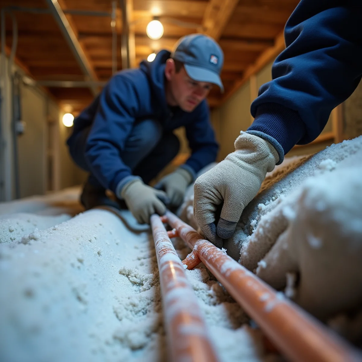 Insulated water supply pipes in an unheated crawl space in McHenry County, Illinois