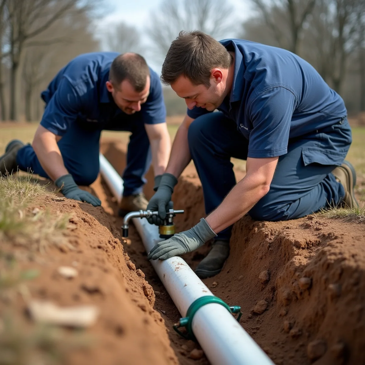 Plumber fitting a replacement sewer lateral section in an excavated Lake in the Hills yard