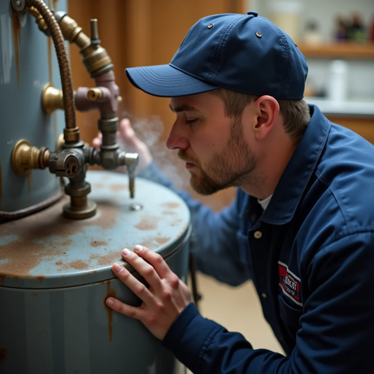 Plumber listening to a rumbling water heater caused by sediment buildup