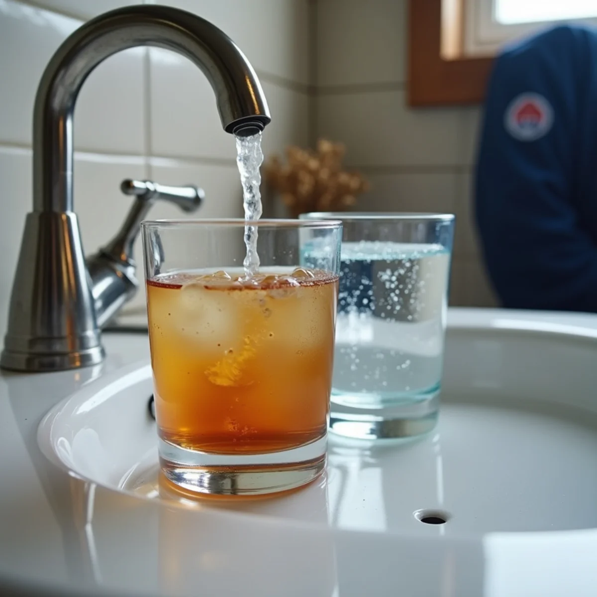 Rusty hot water filling a glass beside clear cold water