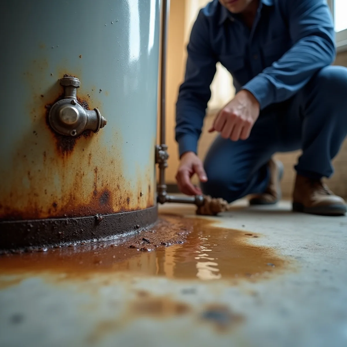 Rust staining and moisture pooling at the base of a failing water heater