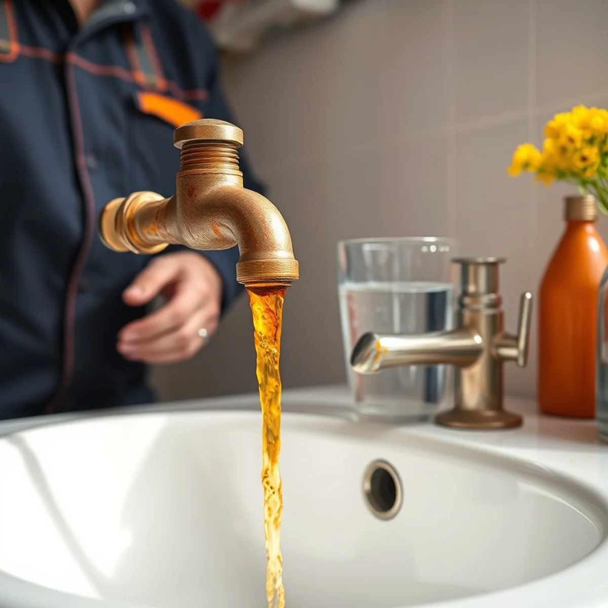 Rusty water running from a hot tap into a white sink