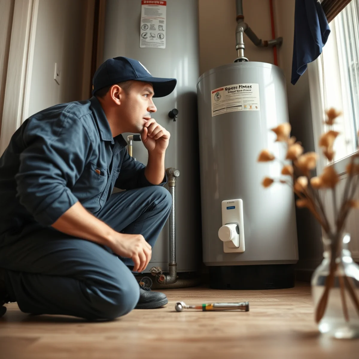 Plumber checking a water heater making rumbling and kettling noises