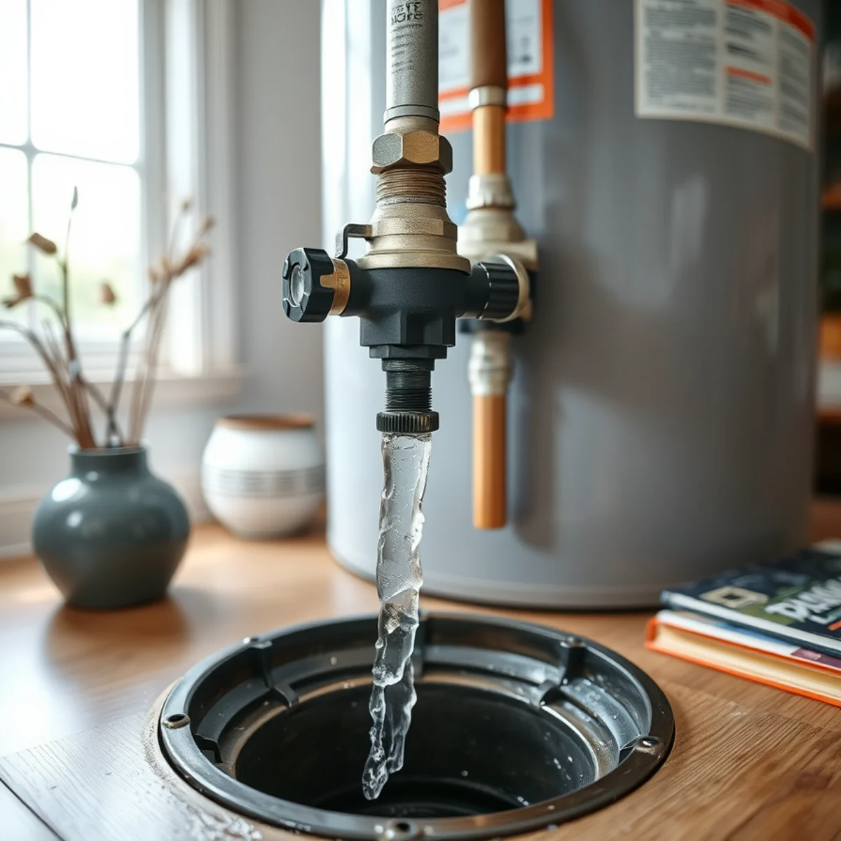 Relief valve discharging water into a drain pan beside a water heater