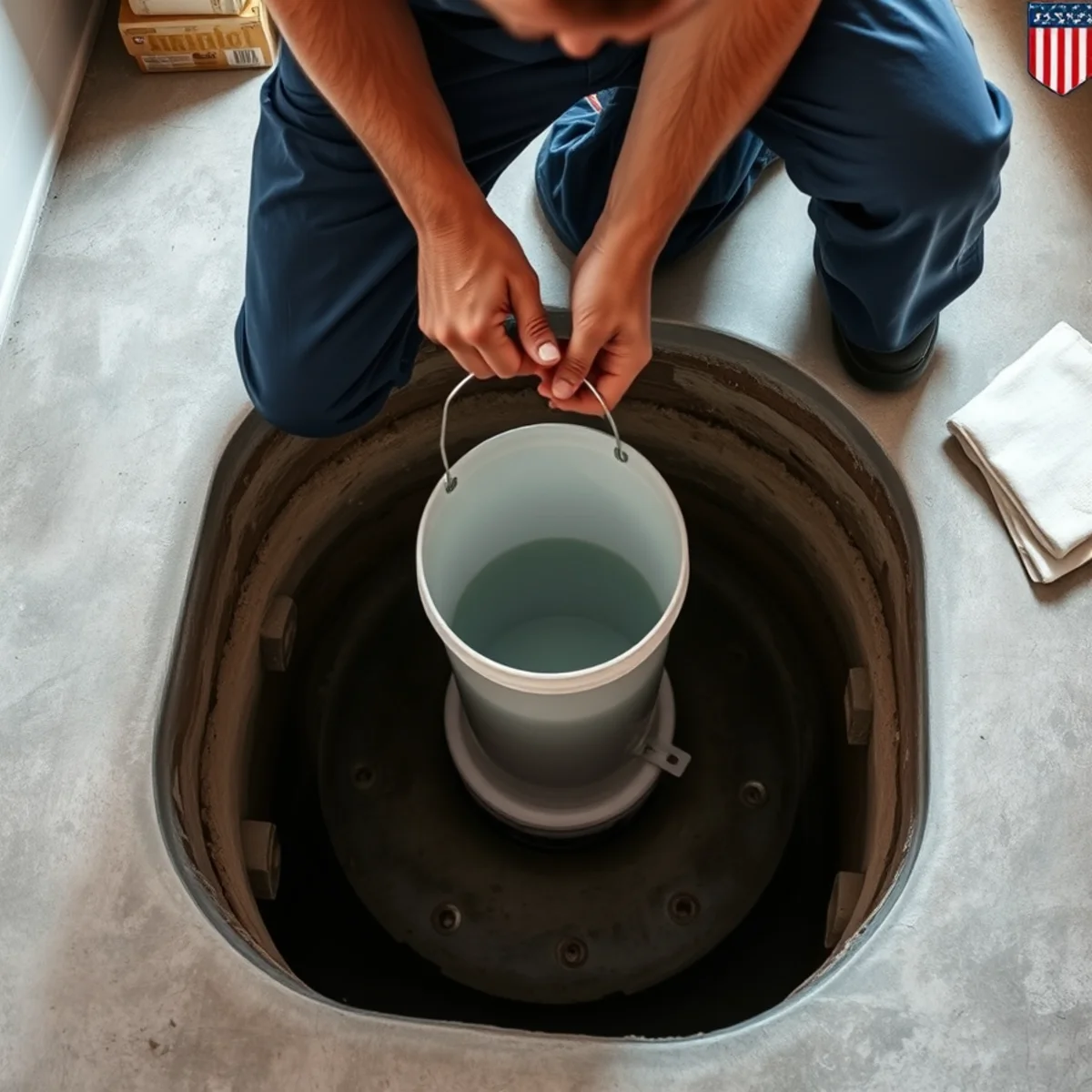 Homeowner pouring a bucket of water into a sump pit to test the pump