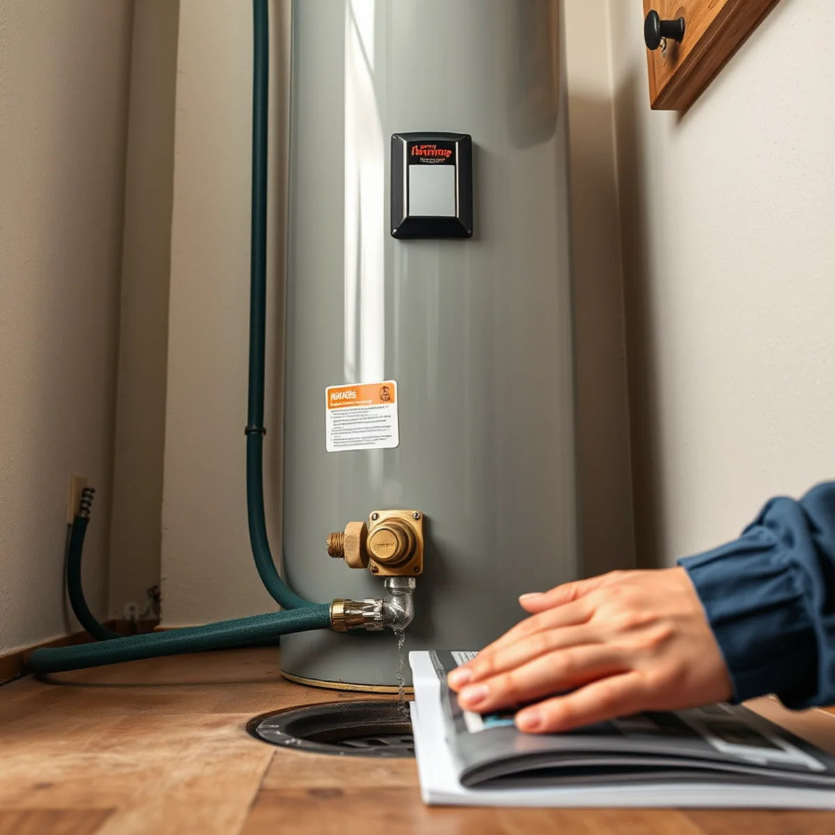 Garden hose attached to a water heater drain valve during an annual flush