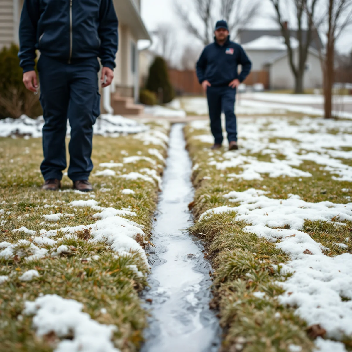 Snowmelt running toward a home foundation during spring thaw in McHenry County, Illinois