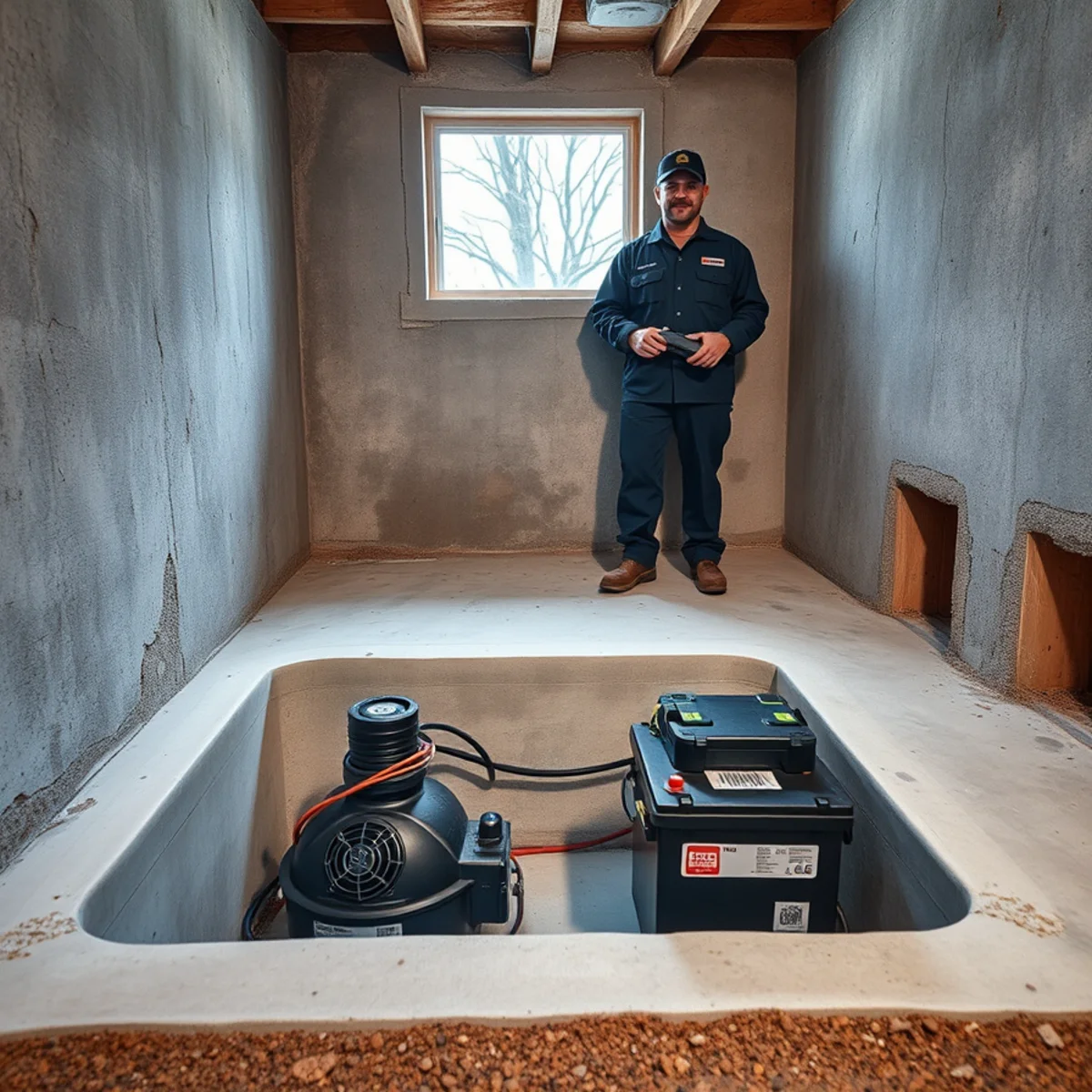 Battery backup sump pump system installed alongside a primary pump in an Algonquin basement