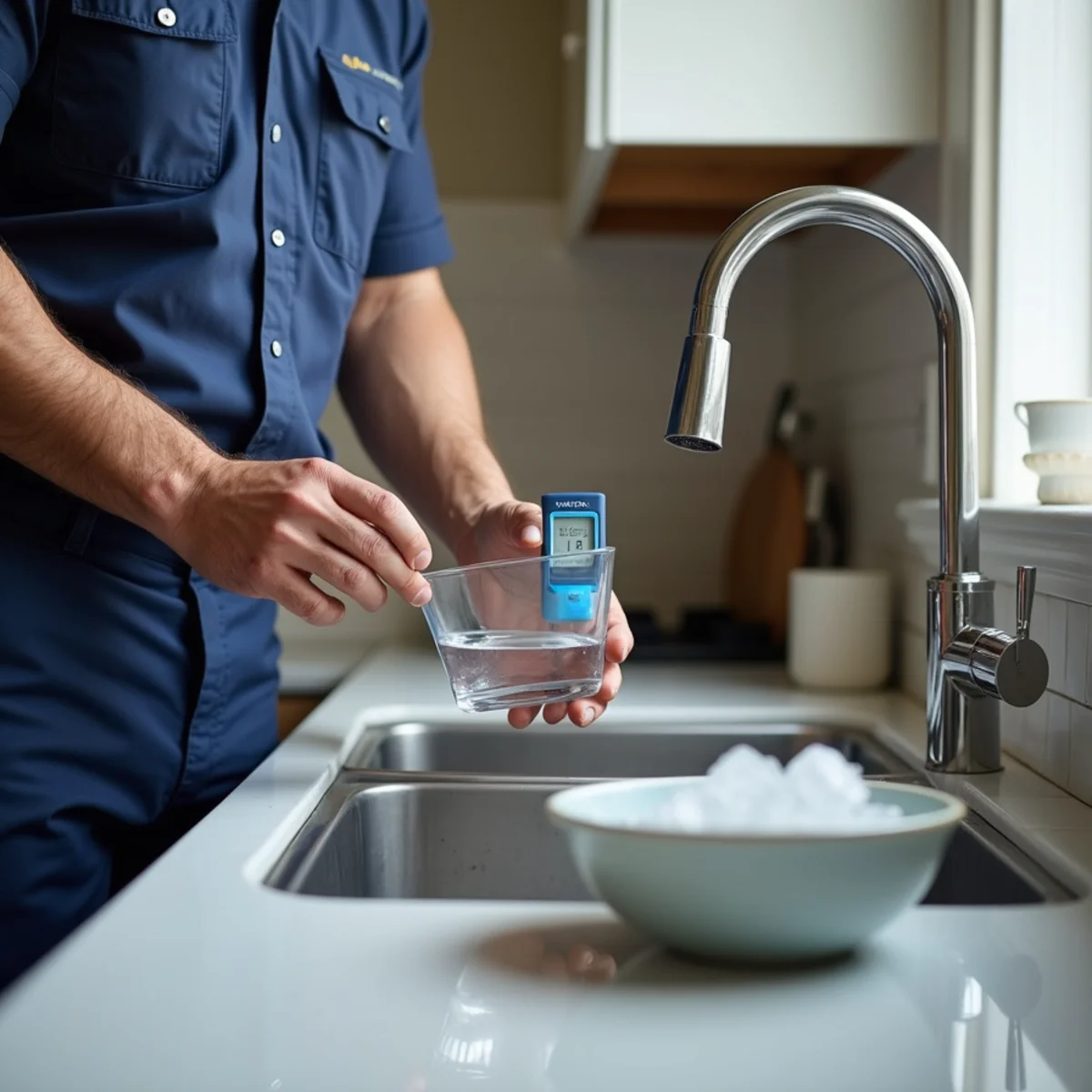 Plumber testing water at a new reverse osmosis faucet in a Lake in the Hills kitchen