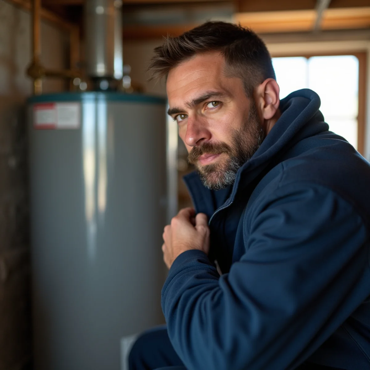 Plumber listening to a rumbling water heater tank in a Lake in the Hills basement