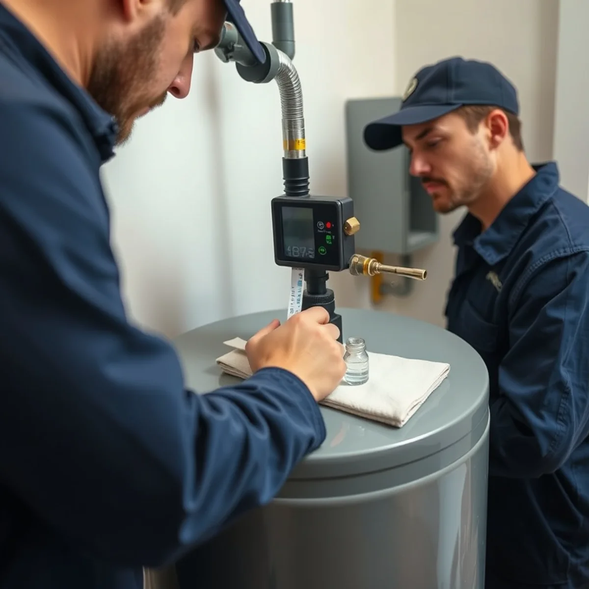 Plumber programming a new water softener control valve in a Lake in the Hills basement