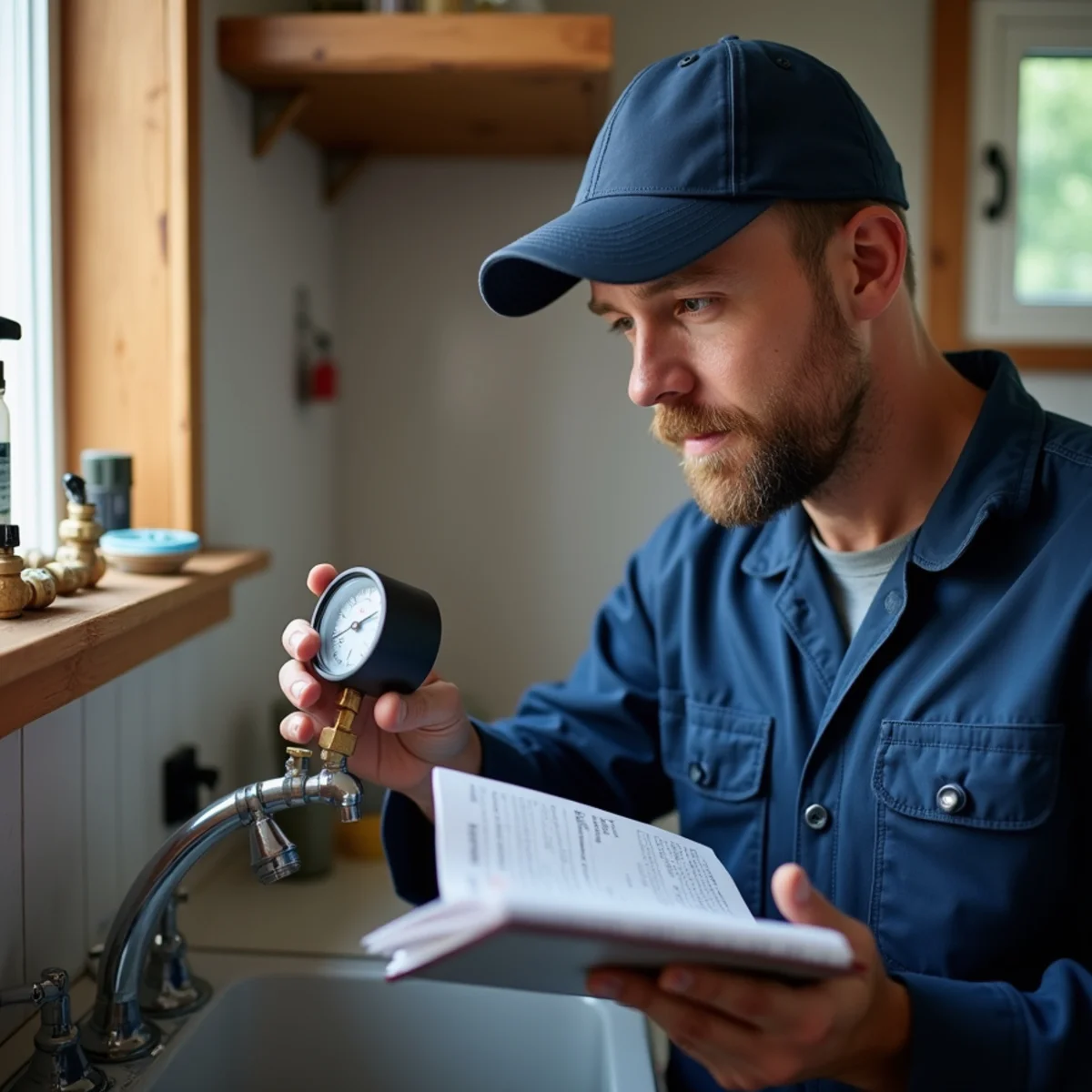 Plumber checking a well pressure tank at a rural McHenry County property