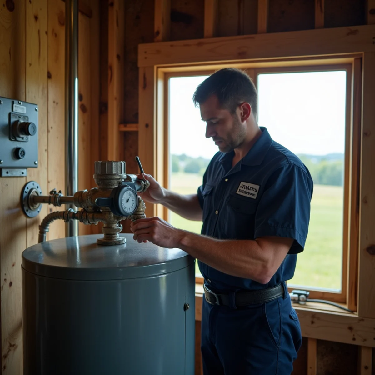Plumber servicing a well pressure tank and control switch at a rural McHenry County property