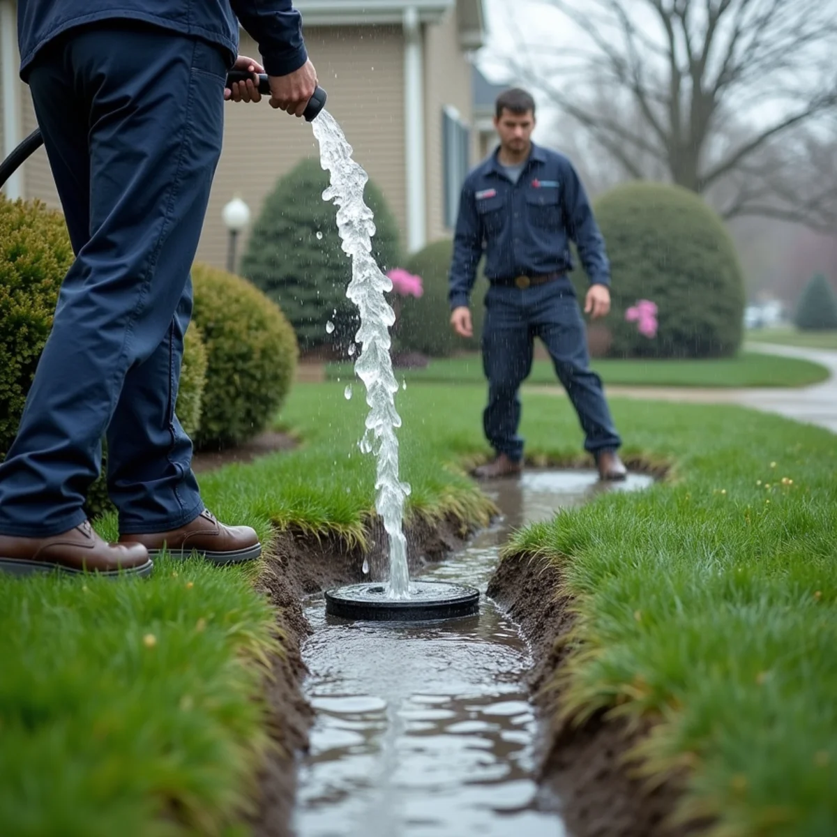 Sump pump discharging water during heavy spring rain at a Lake in the Hills home