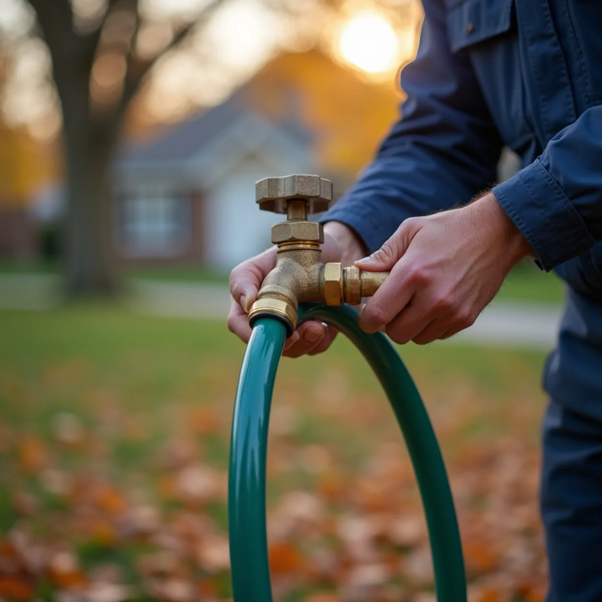 Garden hose being disconnected from an outdoor spigot before winter at a Lake in the Hills home